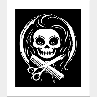 Female Hairstylist Skull and Hairdressing Tools White Logo Posters and Art